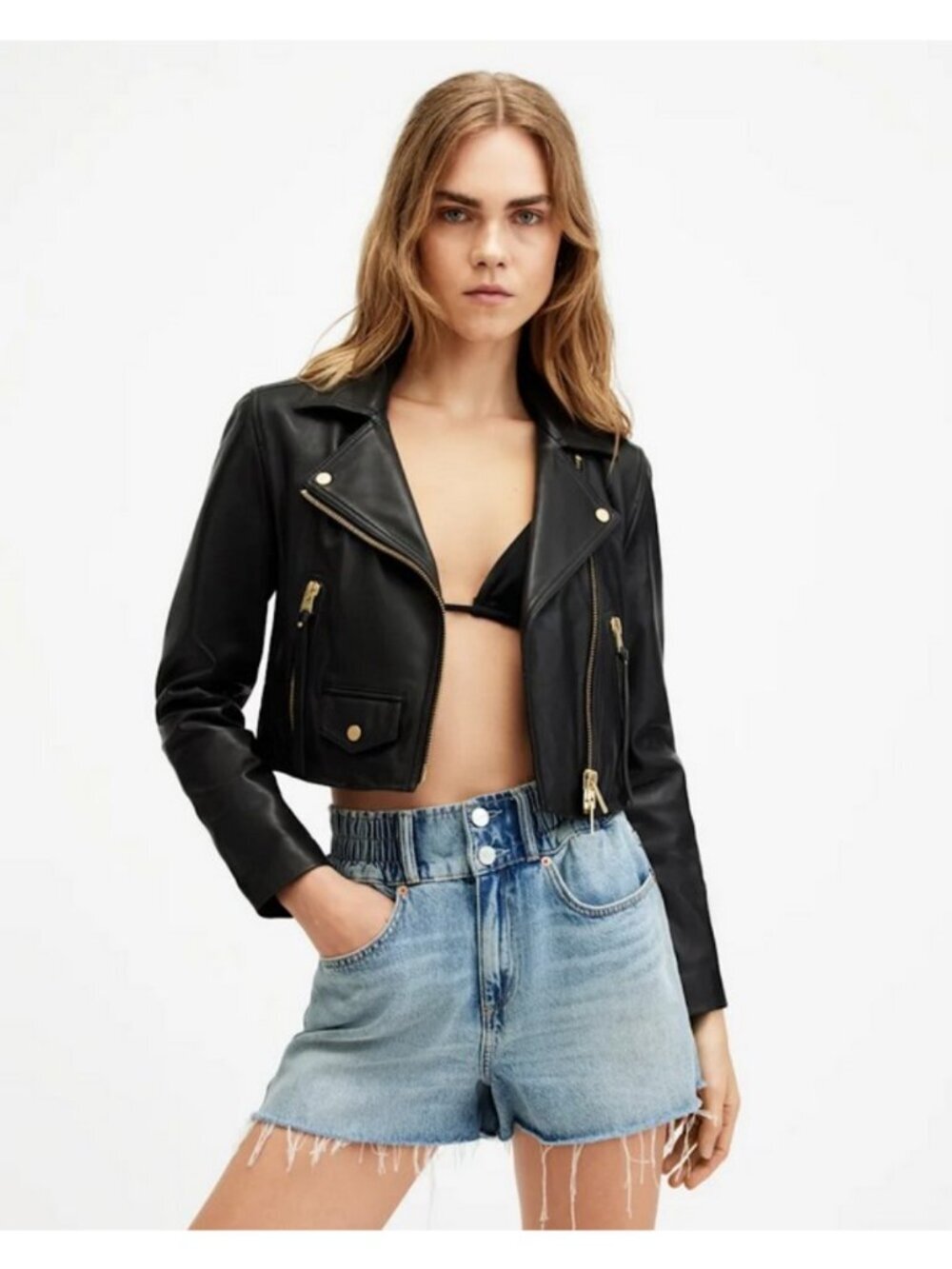 💕ALLSAINTS💕 Elora Cropped Slim Leather Biker Jacket ~ Black/Gold US 2 NWT